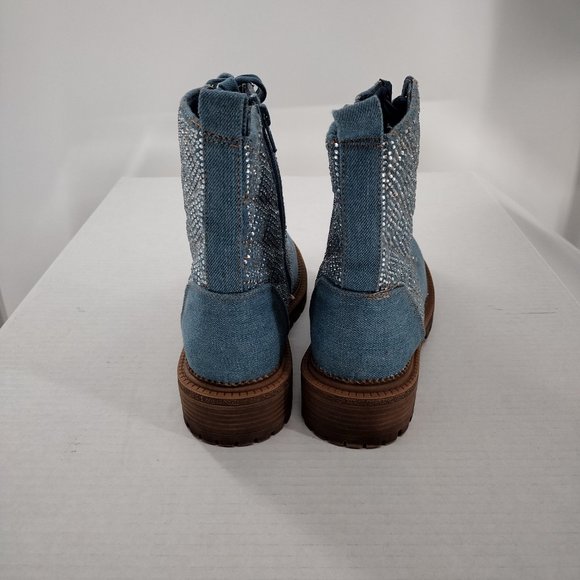 bebe | Shoes | Bebe Denim Boots Rhinestone Bling Side Zipper Front Tie ...